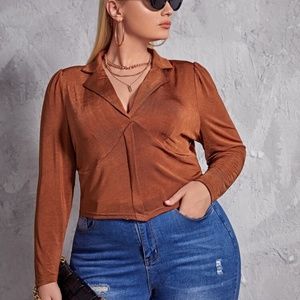 Corduroy  Lapel Neck Puff Sleeve Tee